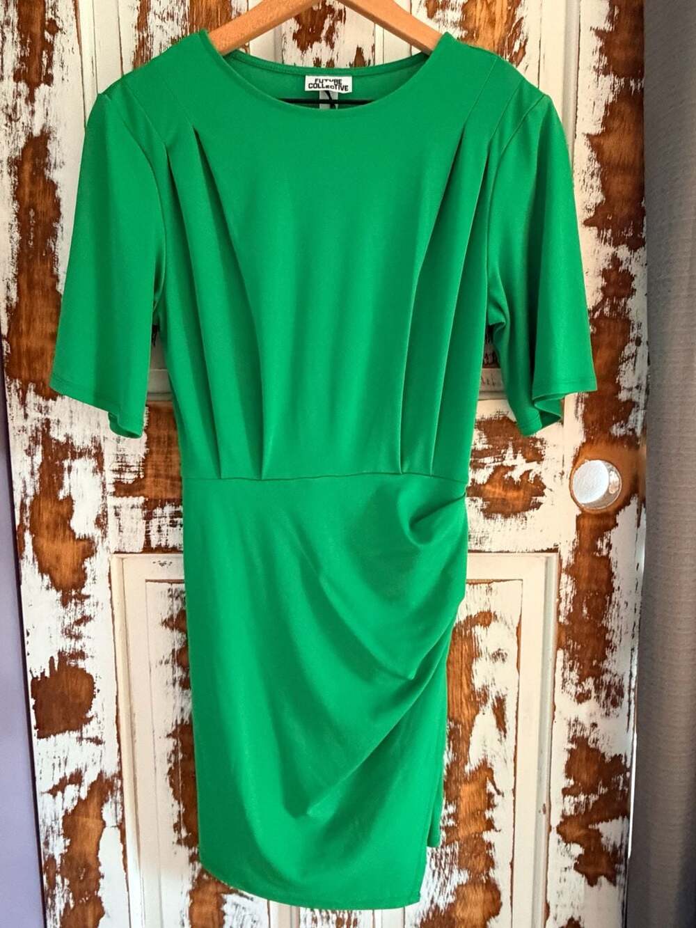 Future Collective Ruched Short Sleeve Mini Sheath Dress Size XXS Green NWT